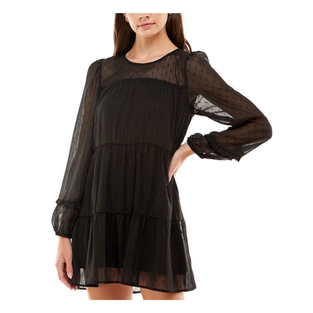 CRYSTAL DOLLS Womens Short Dress Black Long Sleeve Chiffon Back Line Juniors M